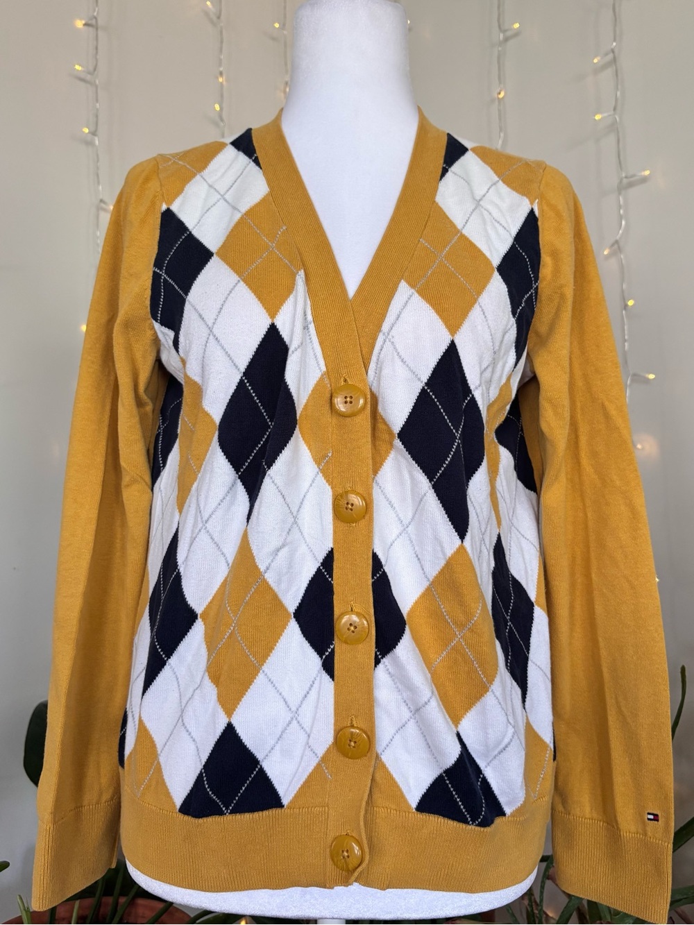 Tommy Hilfiger Mustard, Navy & White Argyle V-Neck Button Cardigan